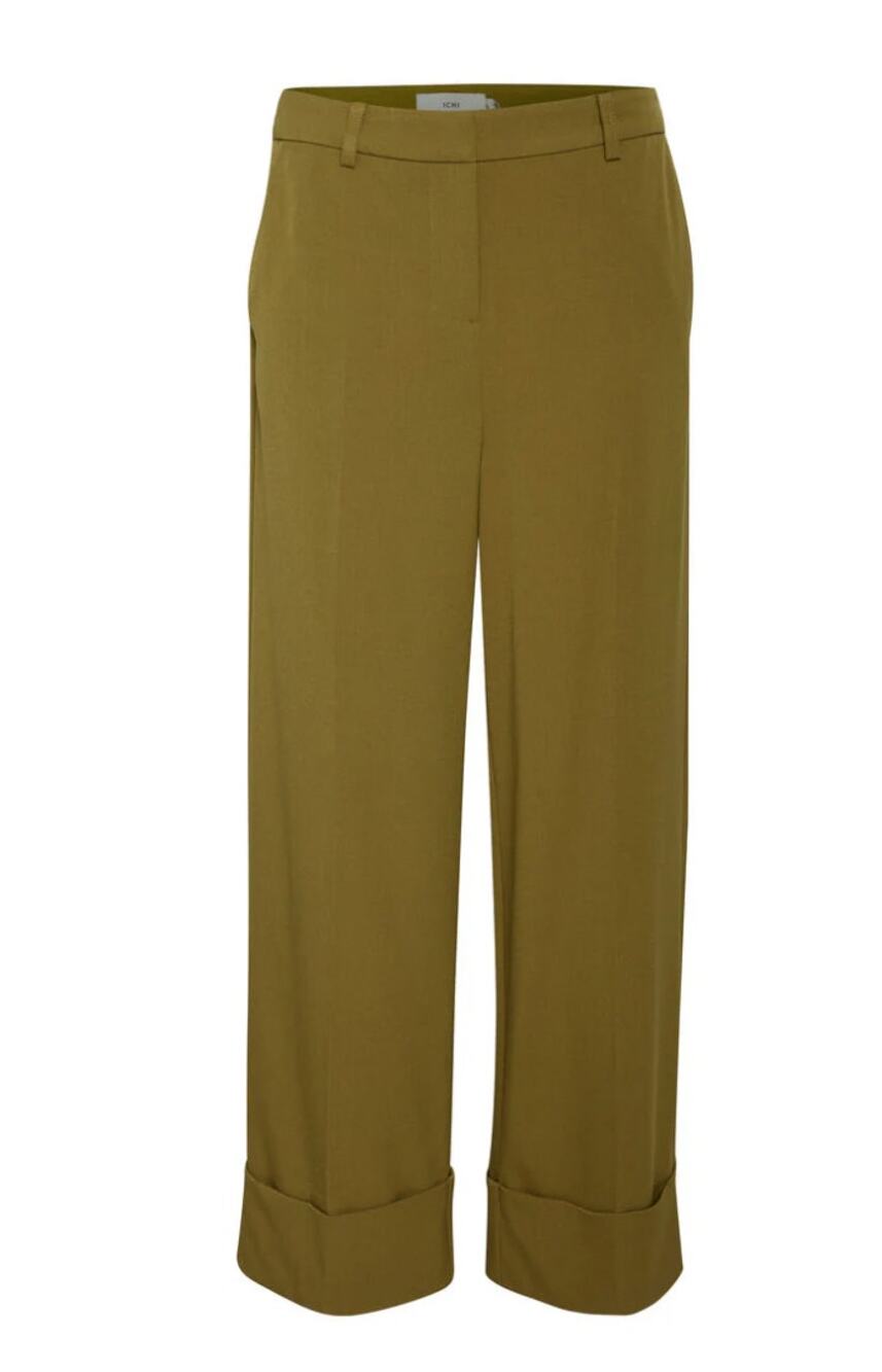 ICHI Alexa Fir Chartreuse Green Wide Leg Pants EUC Size 38